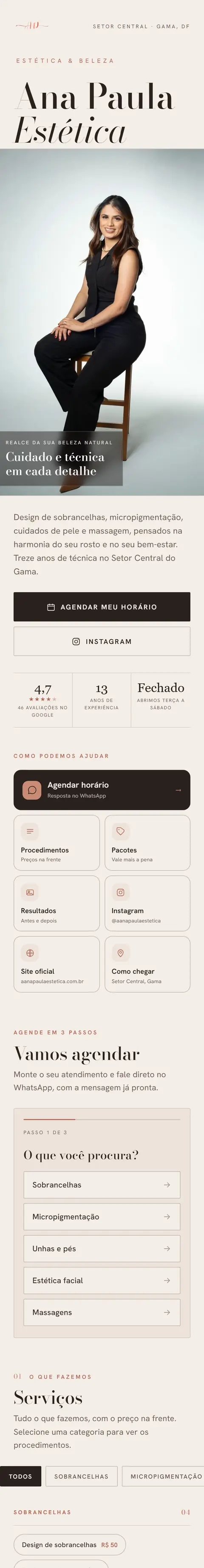 Link bio da Ana Paula Estética no celular, com agendamento em três passos
