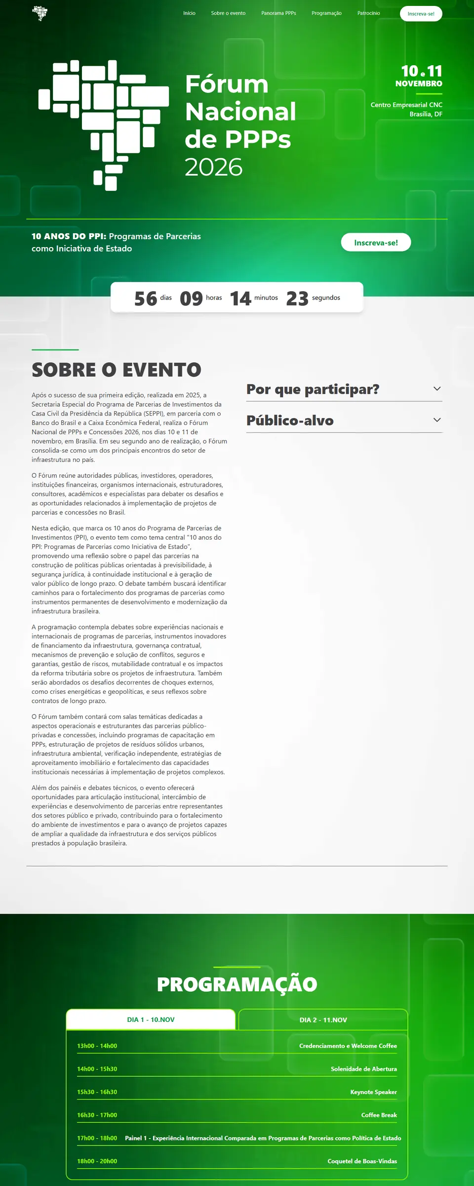 Página do Fórum Nacional de PPPs 2026 com programação do evento