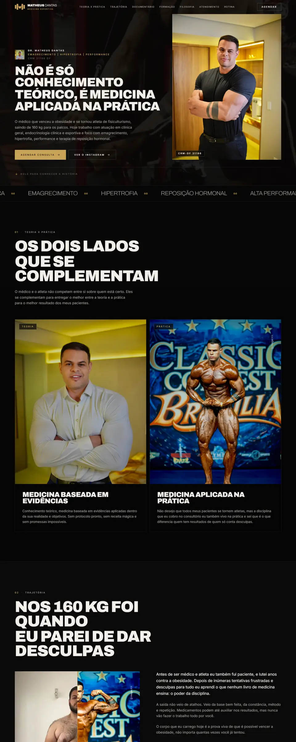 Site do Dr. Matheus Dantas, medicina esportiva, em preto e dourado