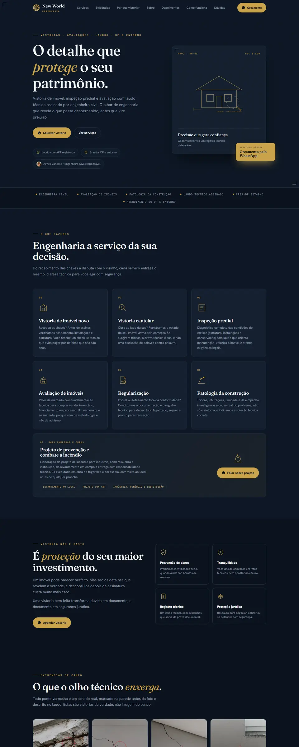 Site da New World Engenharia com serviços de vistoria e laudo