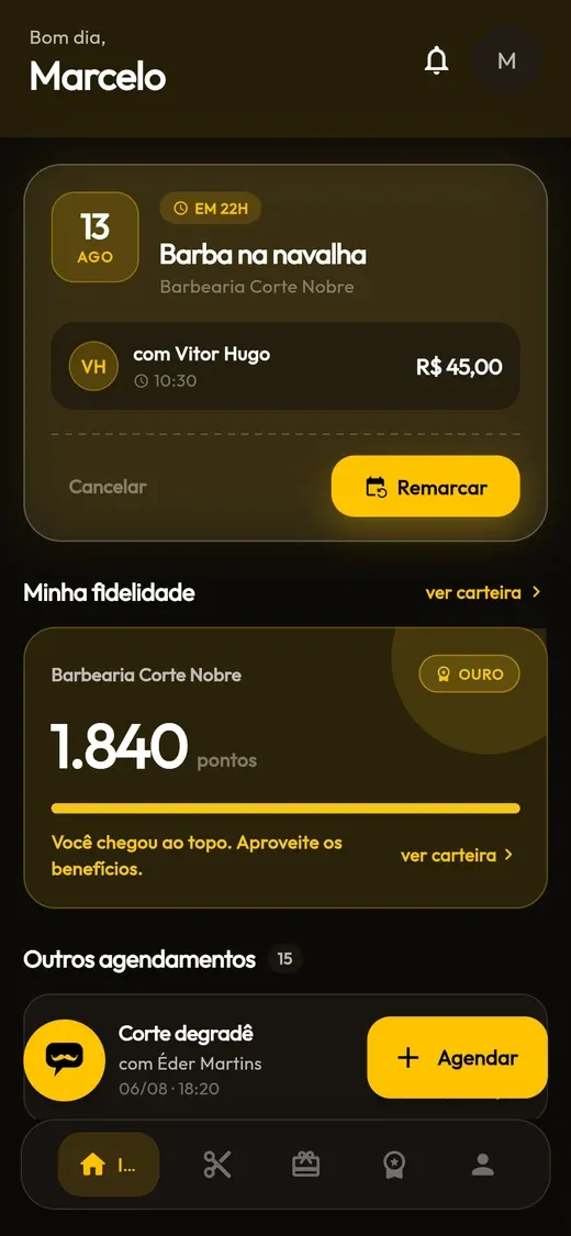 App do Rukz na tela do cliente, com agendamento e pontos de fidelidade