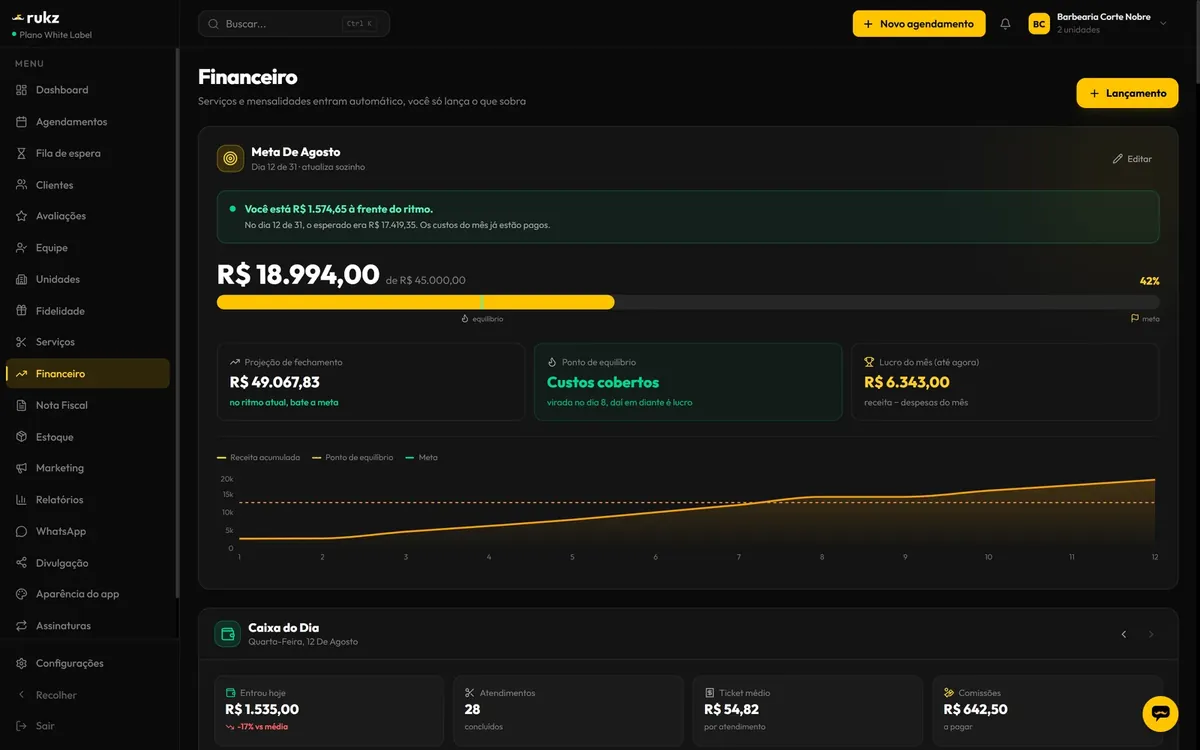 Financeiro do Rukz com meta, projeção e caixa do dia